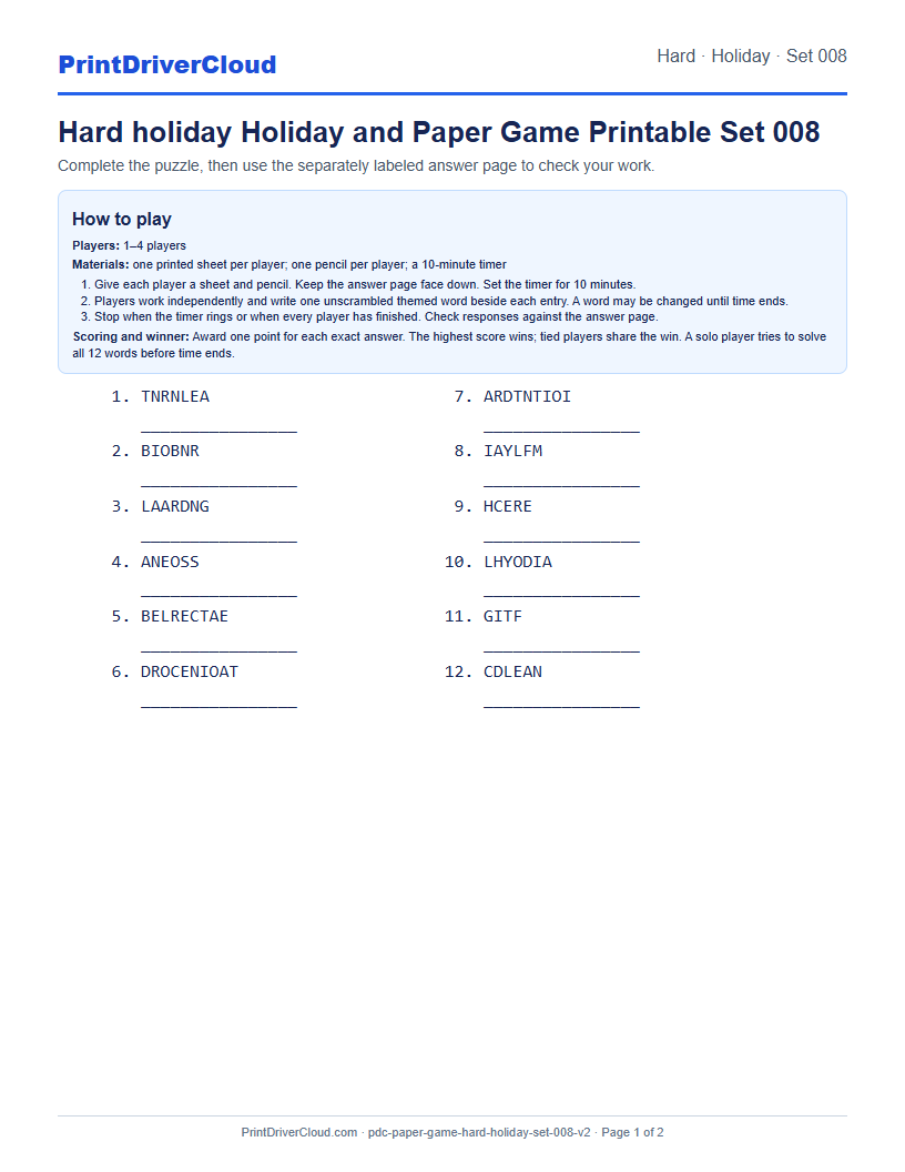 Hard Holiday Word Scramble Game Printable Set 008 preview