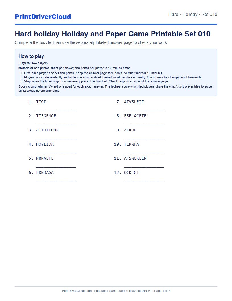 Hard Holiday Word Scramble Game Printable Set 010 preview