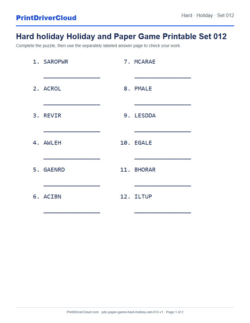 Preview of Hard holiday Holiday and Paper Game Printable Set 012