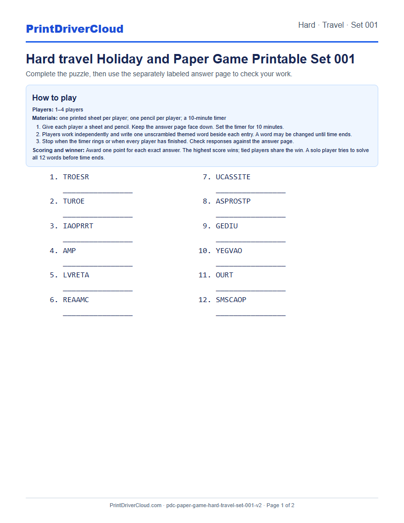 Hard Travel Word Scramble Game Printable Set 001 preview