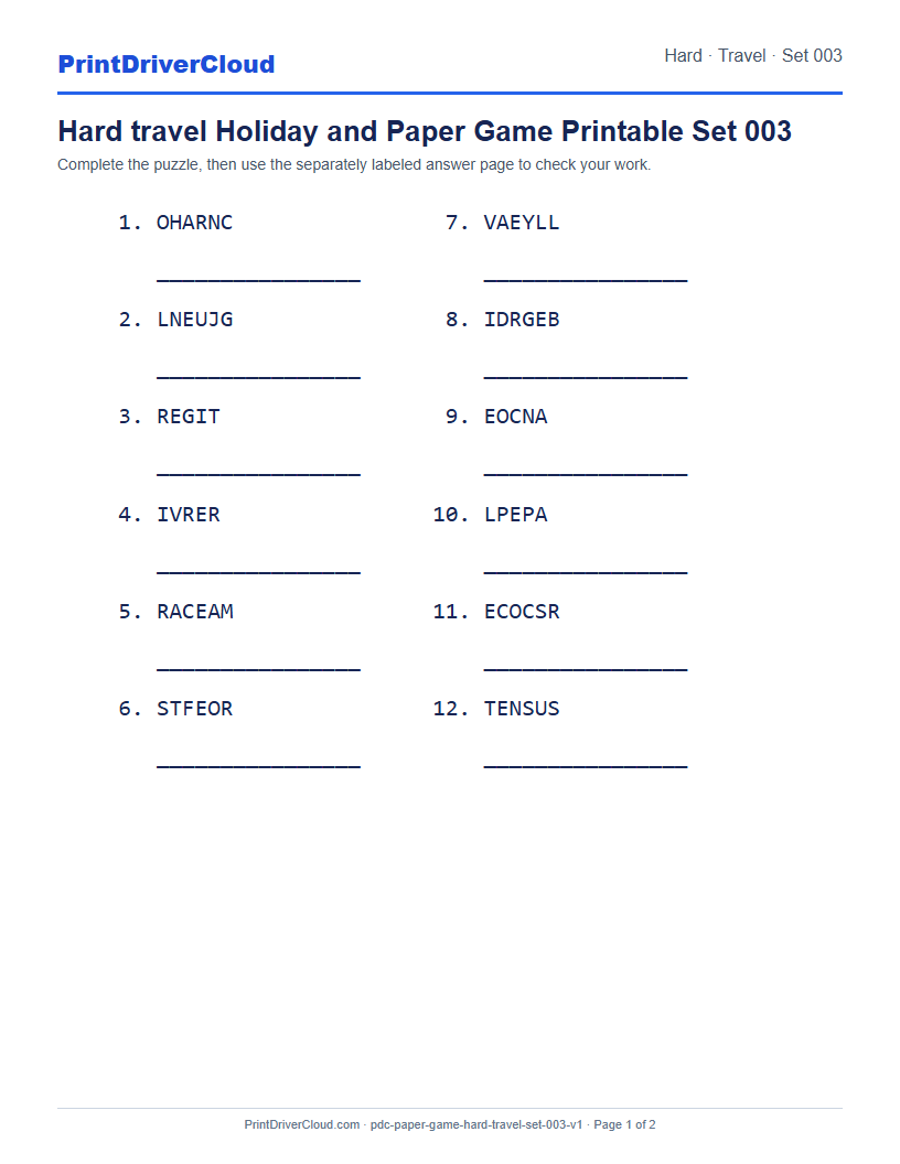 Preview of Hard travel Holiday and Paper Game Printable Set 003