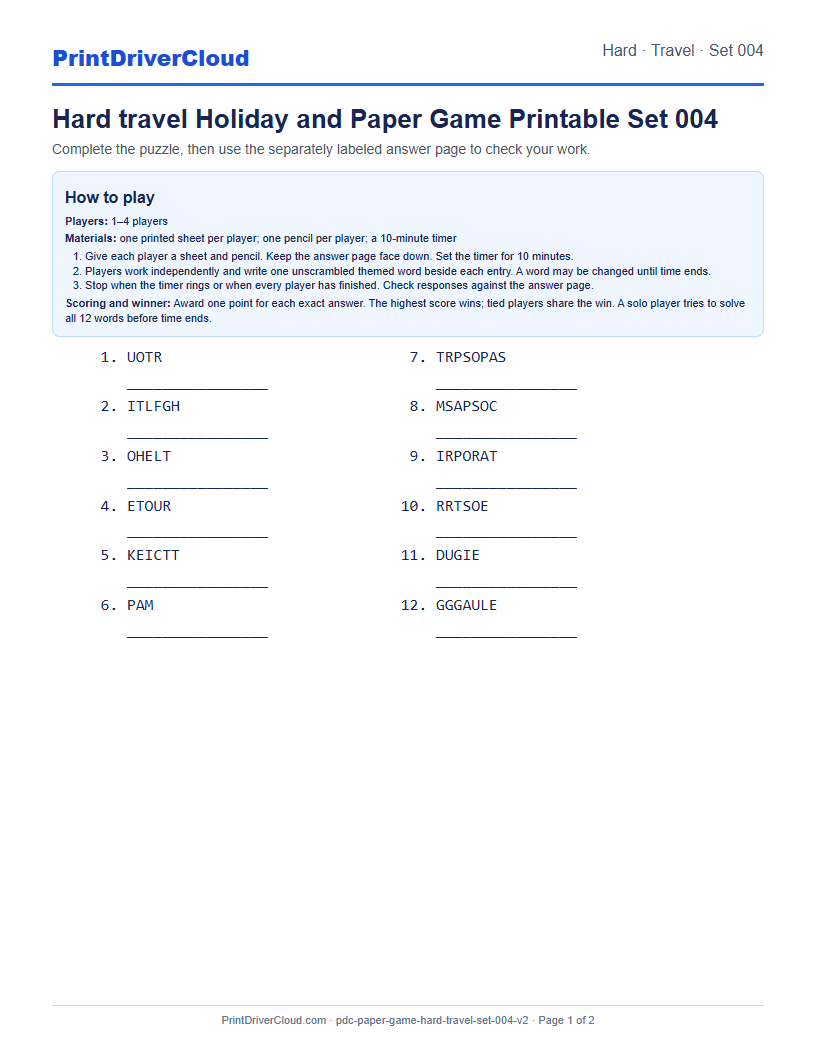 Hard Travel Word Scramble Game Printable Set 004 preview