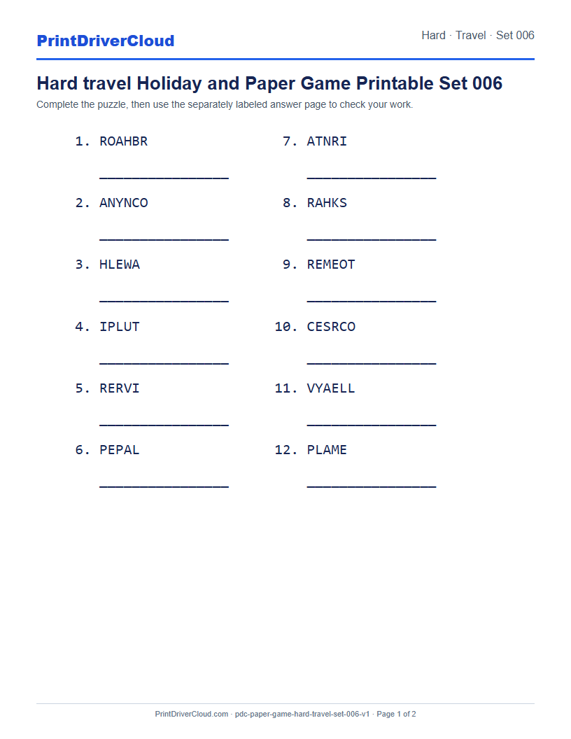 Preview of Hard travel Holiday and Paper Game Printable Set 006