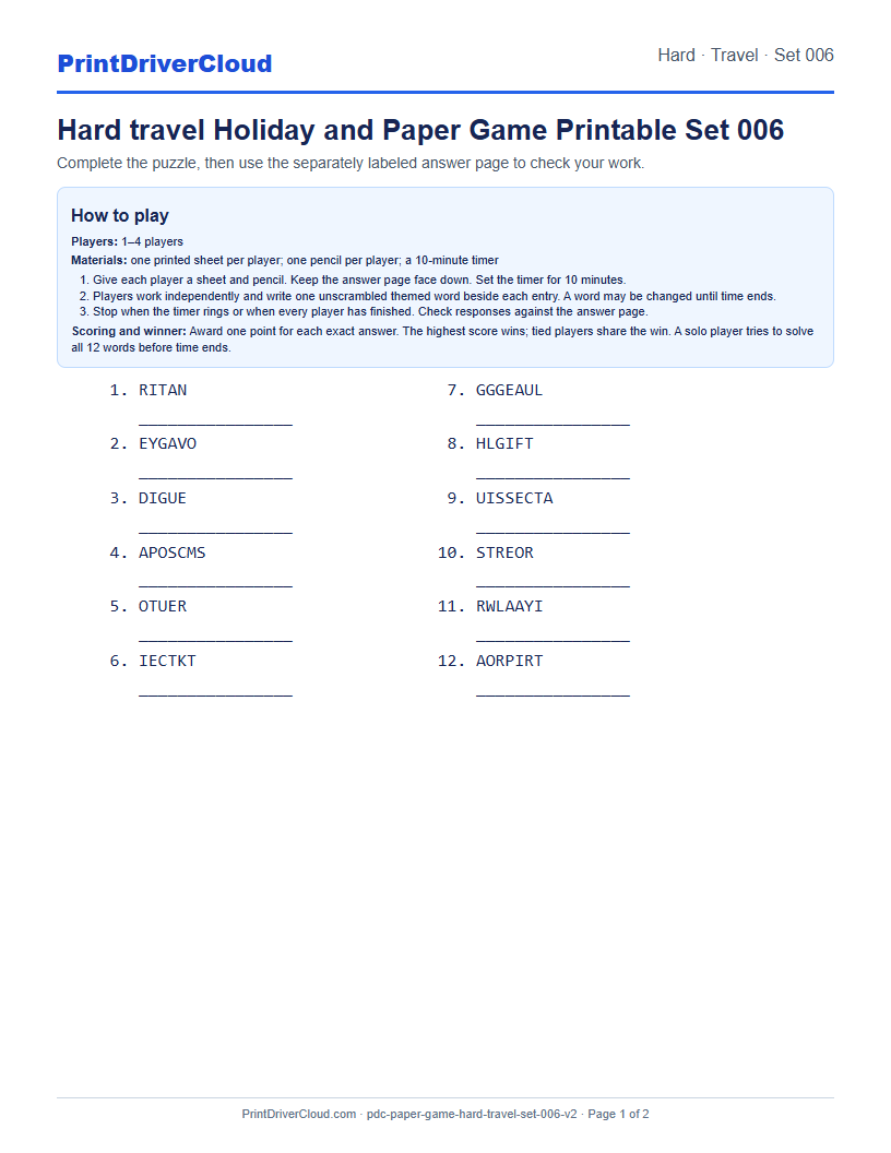 Hard Travel Word Scramble Game Printable Set 006 preview