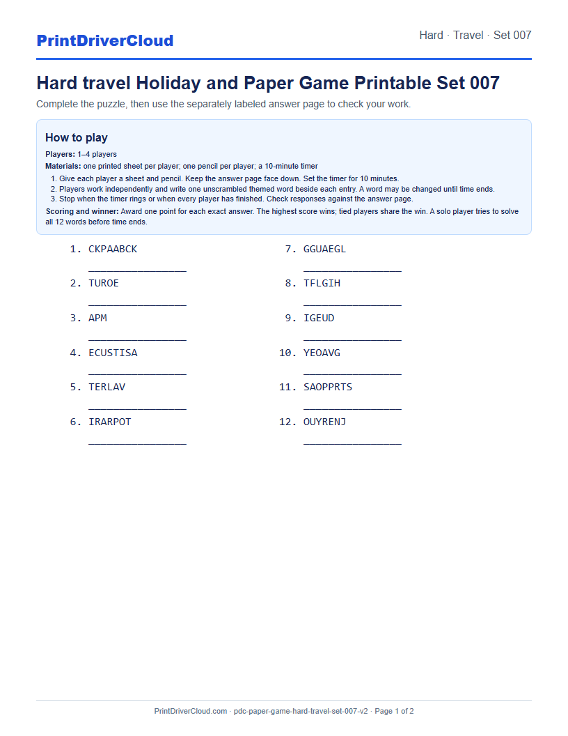Hard Travel Word Scramble Game Printable Set 007 preview