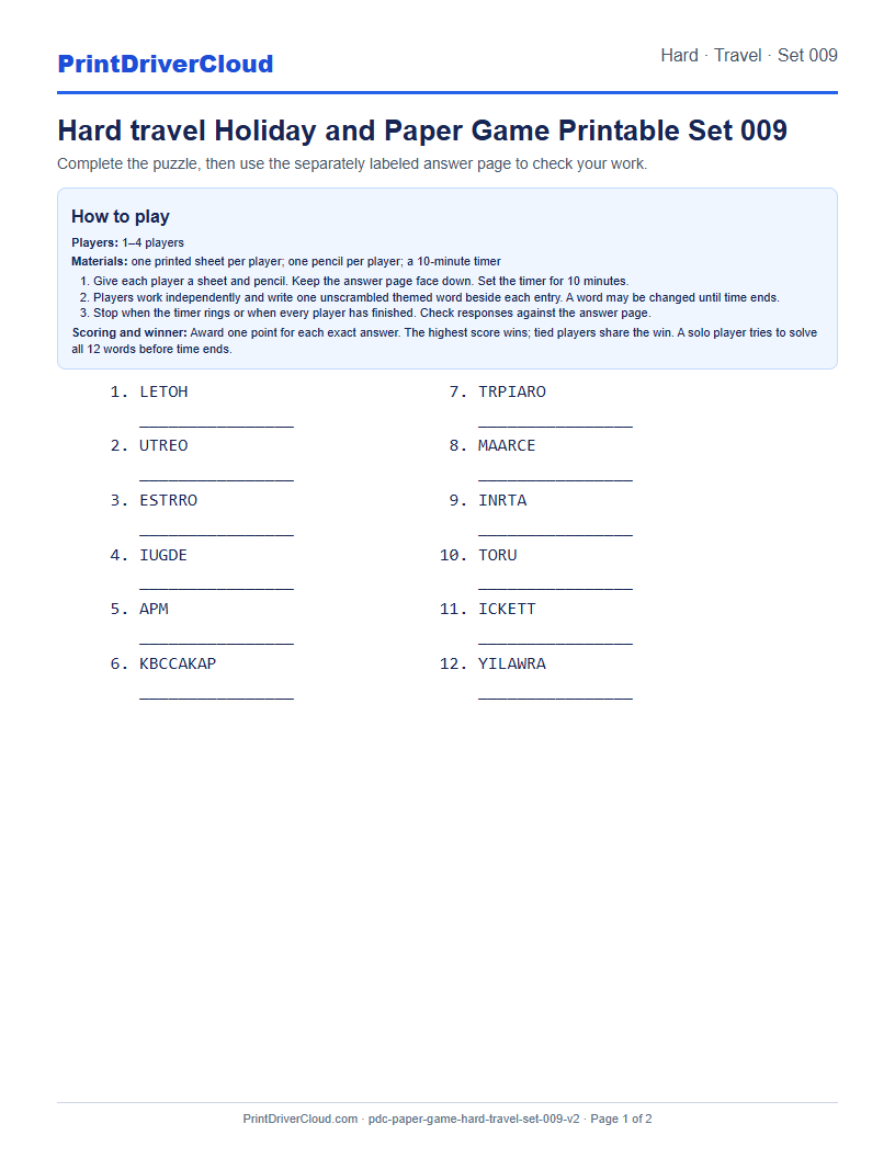 Hard Travel Word Scramble Game Printable Set 009 preview