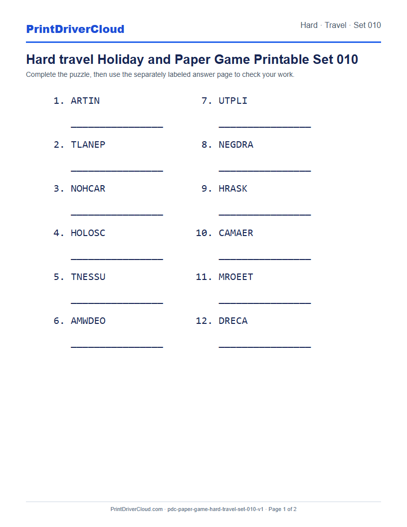 Preview of Hard travel Holiday and Paper Game Printable Set 010