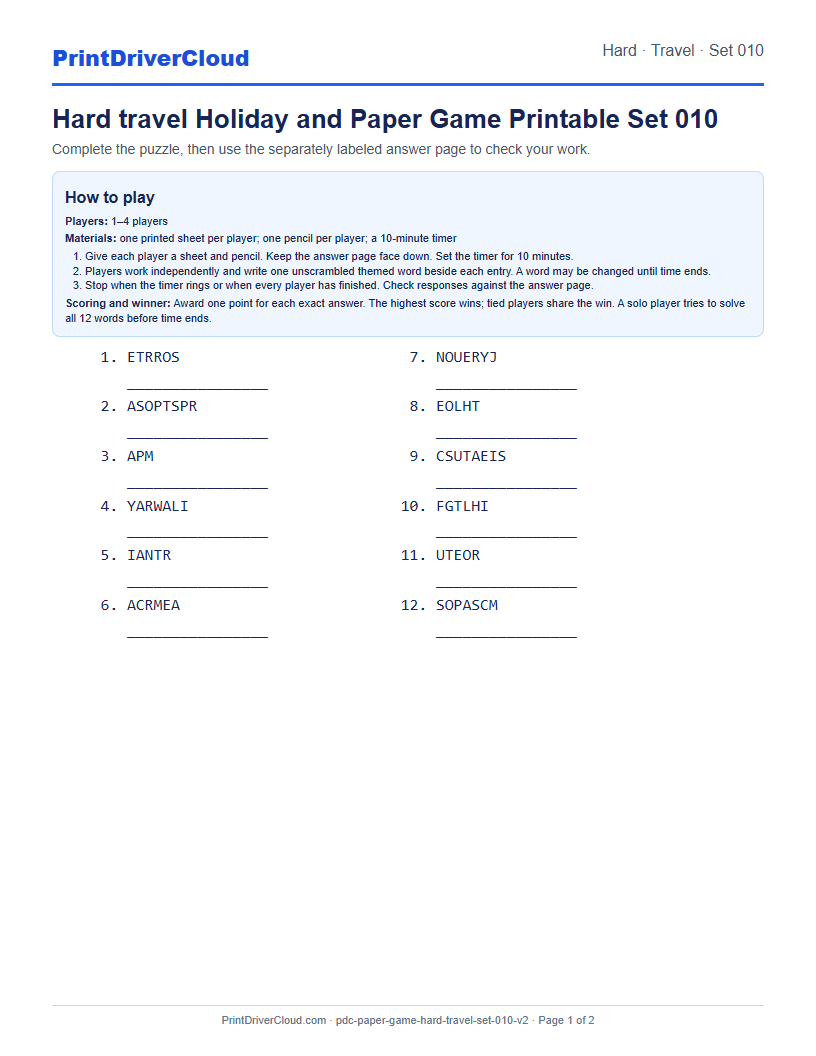 Hard Travel Word Scramble Game Printable Set 010 preview