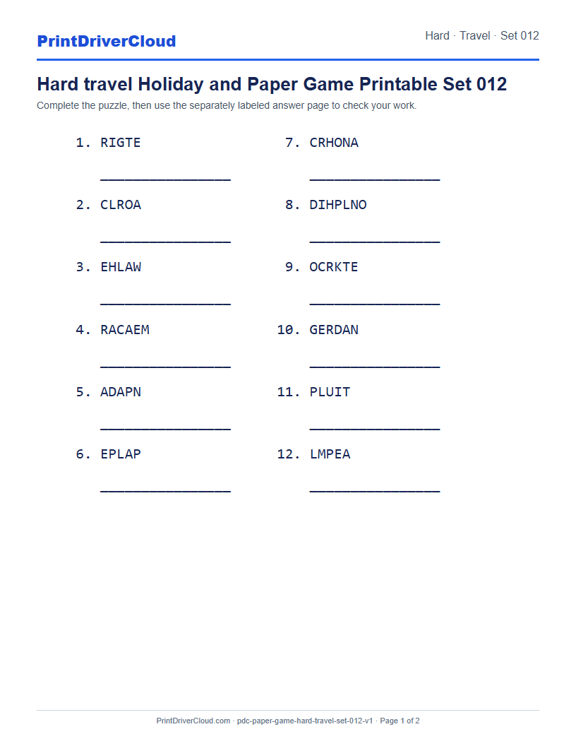 Preview of Hard travel Holiday and Paper Game Printable Set 012