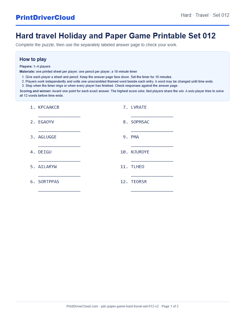 Hard Travel Word Scramble Game Printable Set 012 preview