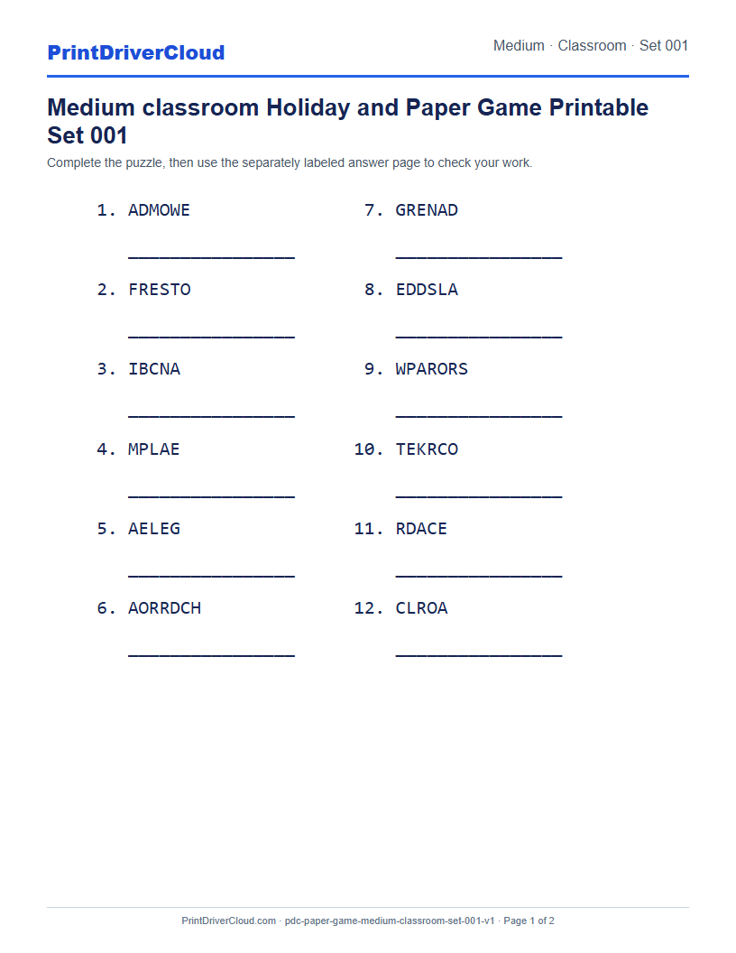 Preview of Medium classroom Holiday and Paper Game Printable Set 001
