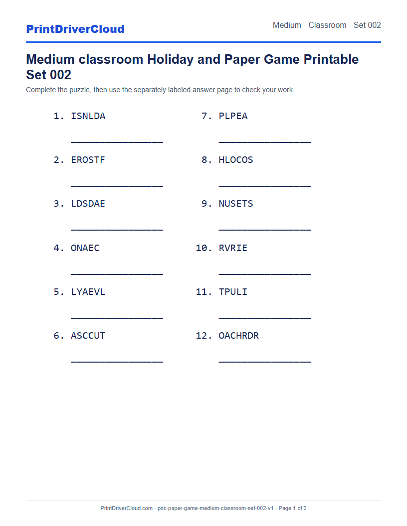 Preview of Medium classroom Holiday and Paper Game Printable Set 002