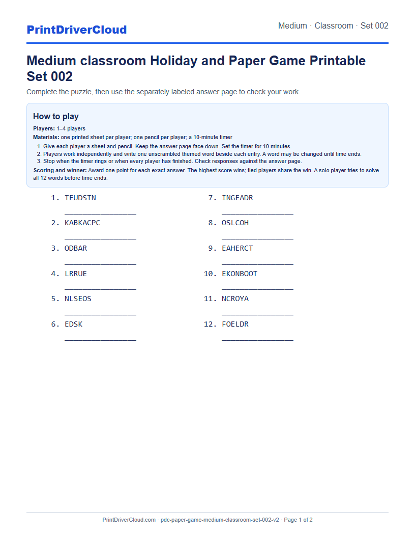 Medium Classroom Word Scramble Game Printable Set 002 preview