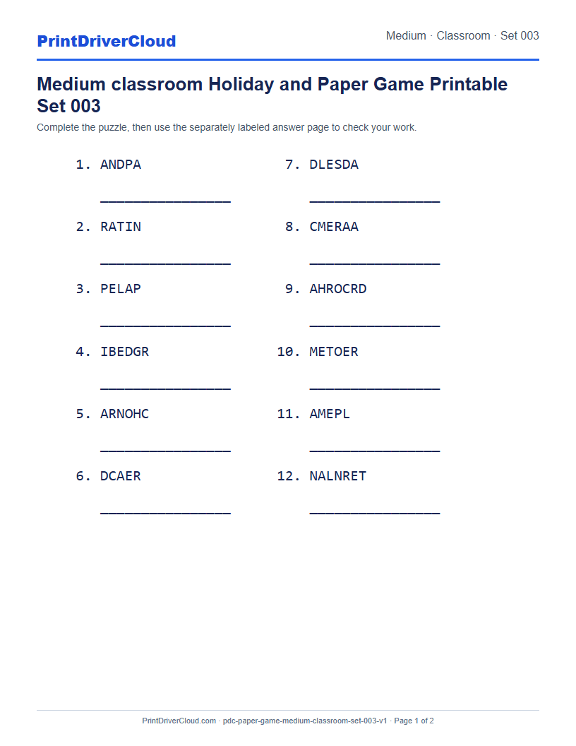 Preview of Medium classroom Holiday and Paper Game Printable Set 003