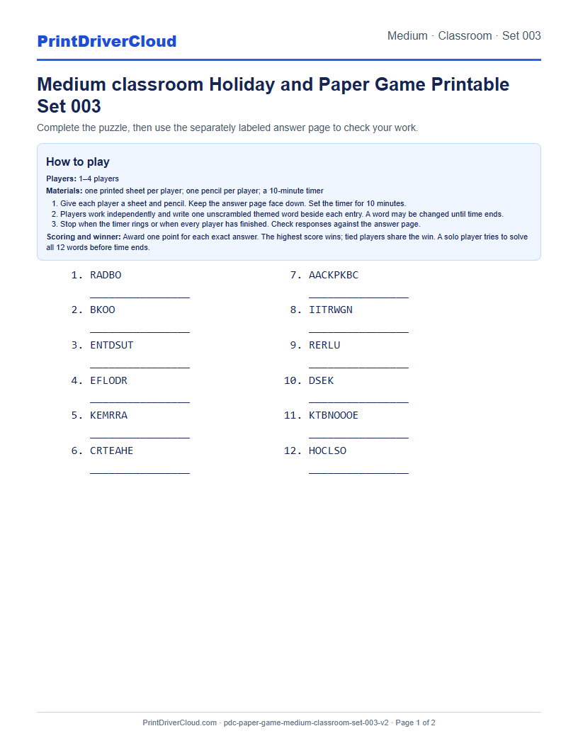 Medium Classroom Word Scramble Game Printable Set 003 preview