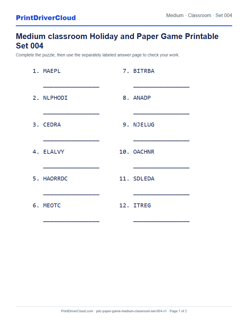 Preview of Medium classroom Holiday and Paper Game Printable Set 004