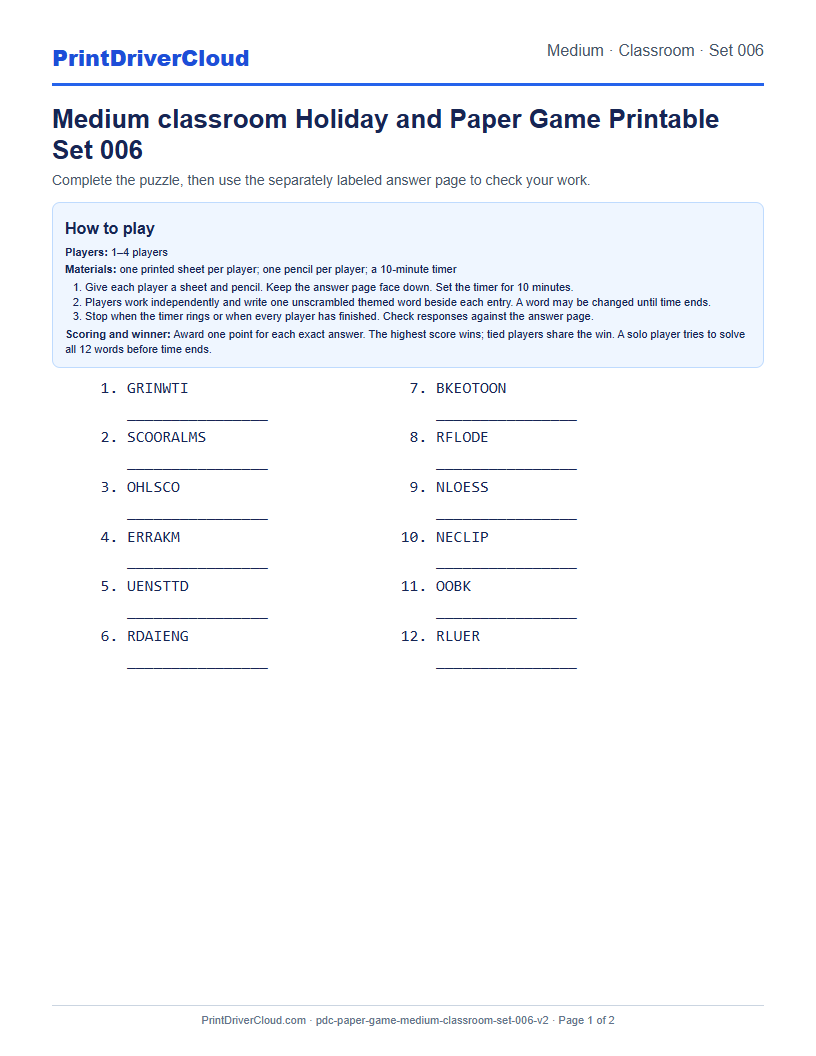 Medium Classroom Word Scramble Game Printable Set 006 preview