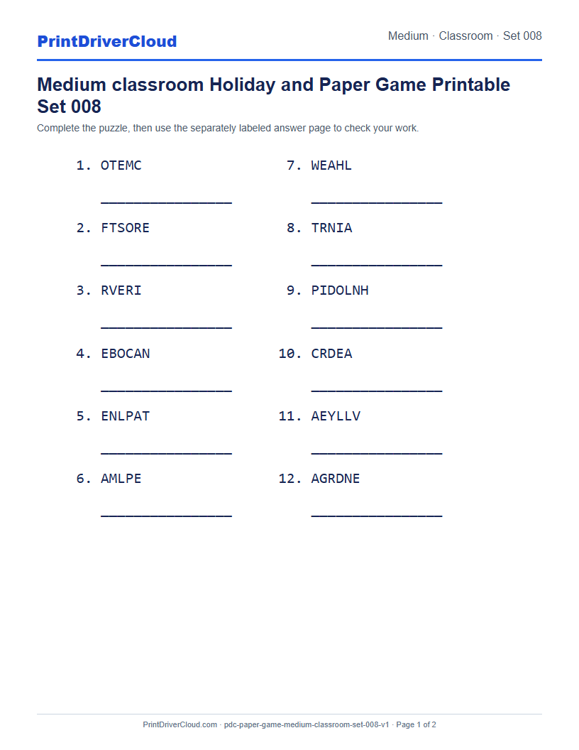 Preview of Medium classroom Holiday and Paper Game Printable Set 008