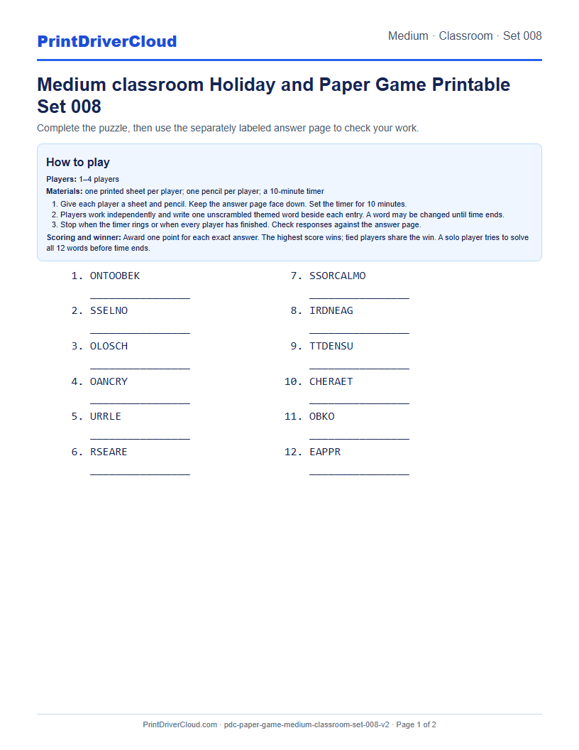 Medium Classroom Word Scramble Game Printable Set 008 preview