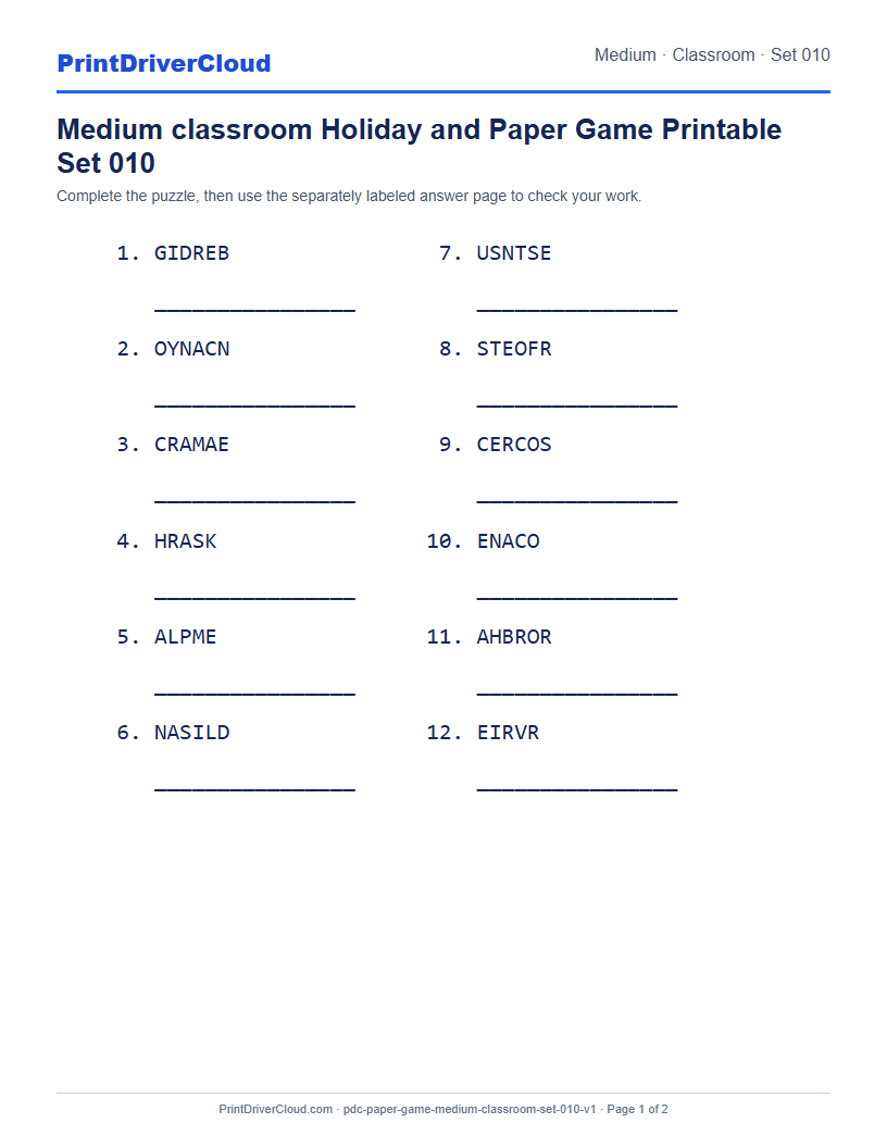 Preview of Medium classroom Holiday and Paper Game Printable Set 010