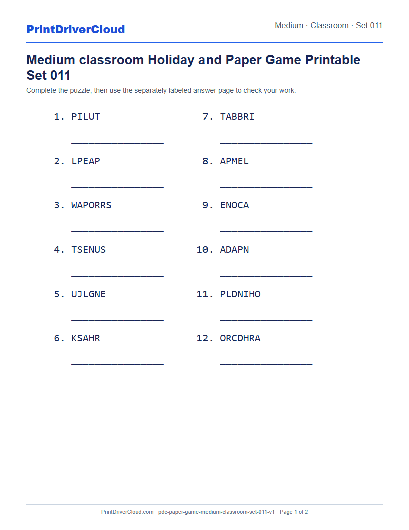 Preview of Medium classroom Holiday and Paper Game Printable Set 011