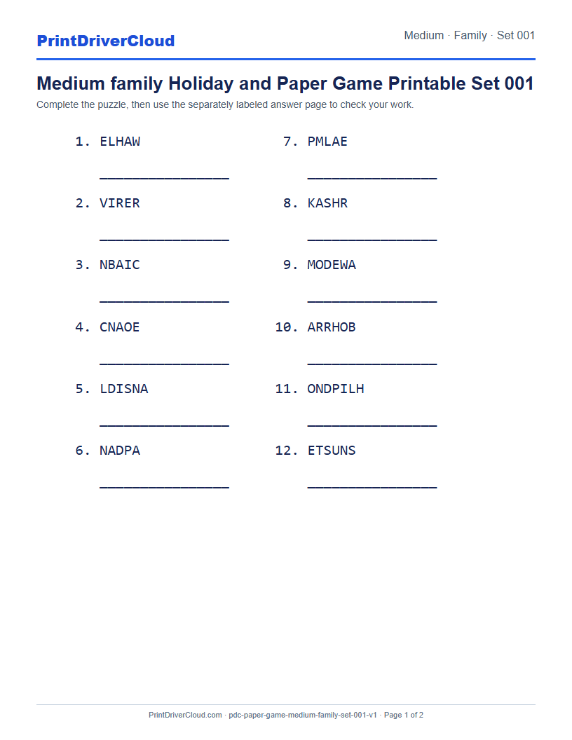 Preview of Medium family Holiday and Paper Game Printable Set 001