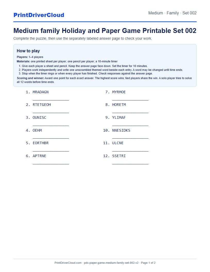 Medium Family Word Scramble Game Printable Set 002 preview