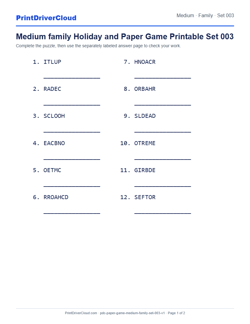 Preview of Medium family Holiday and Paper Game Printable Set 003