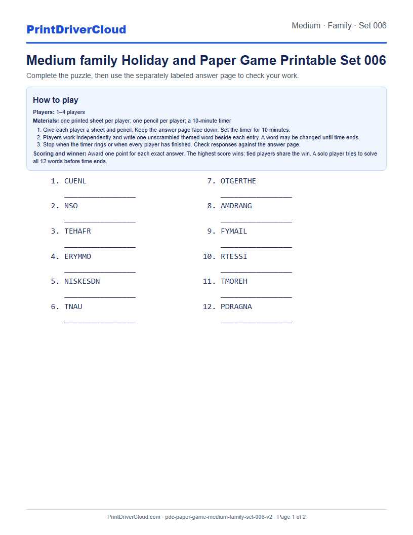 Medium Family Word Scramble Game Printable Set 006 preview