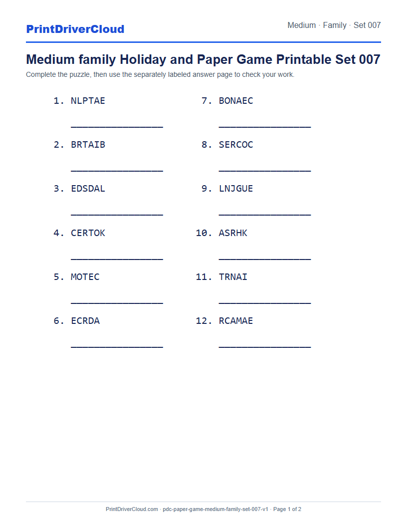 Preview of Medium family Holiday and Paper Game Printable Set 007