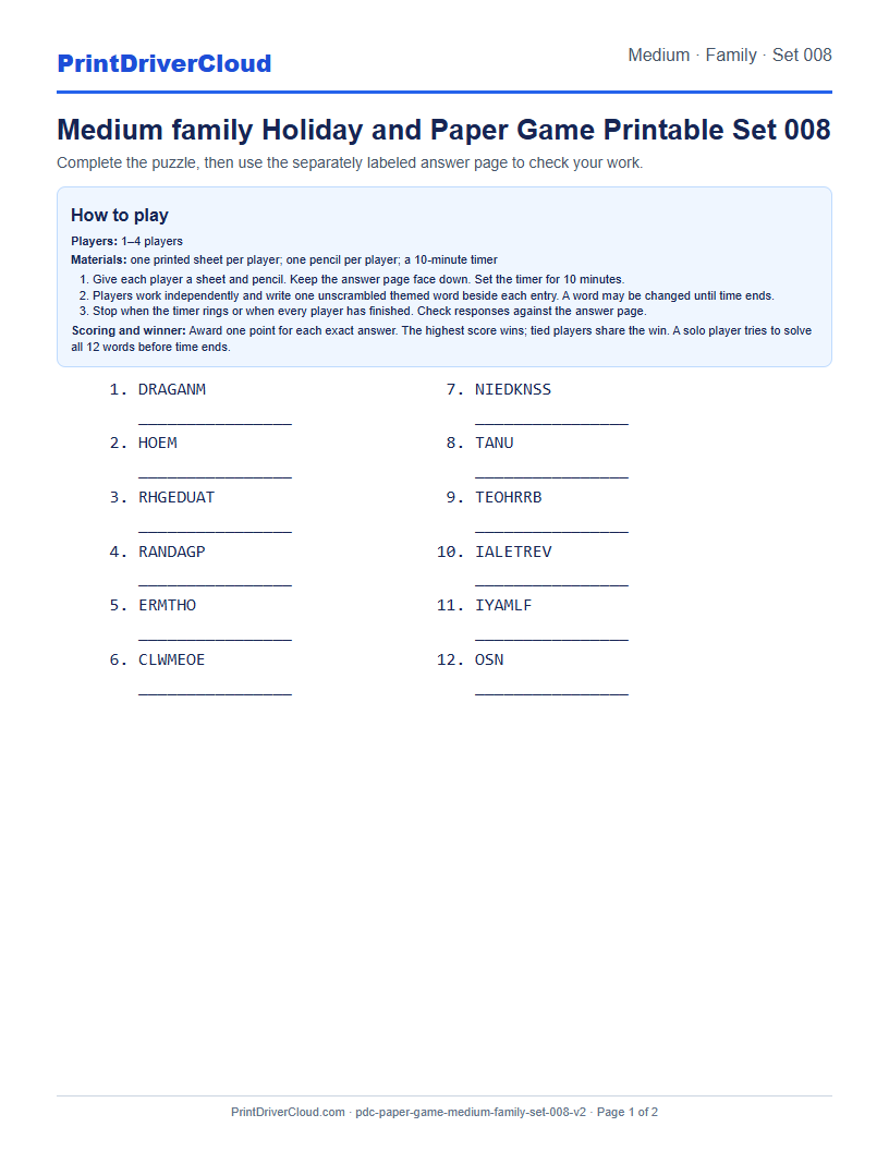 Medium Family Word Scramble Game Printable Set 008 preview