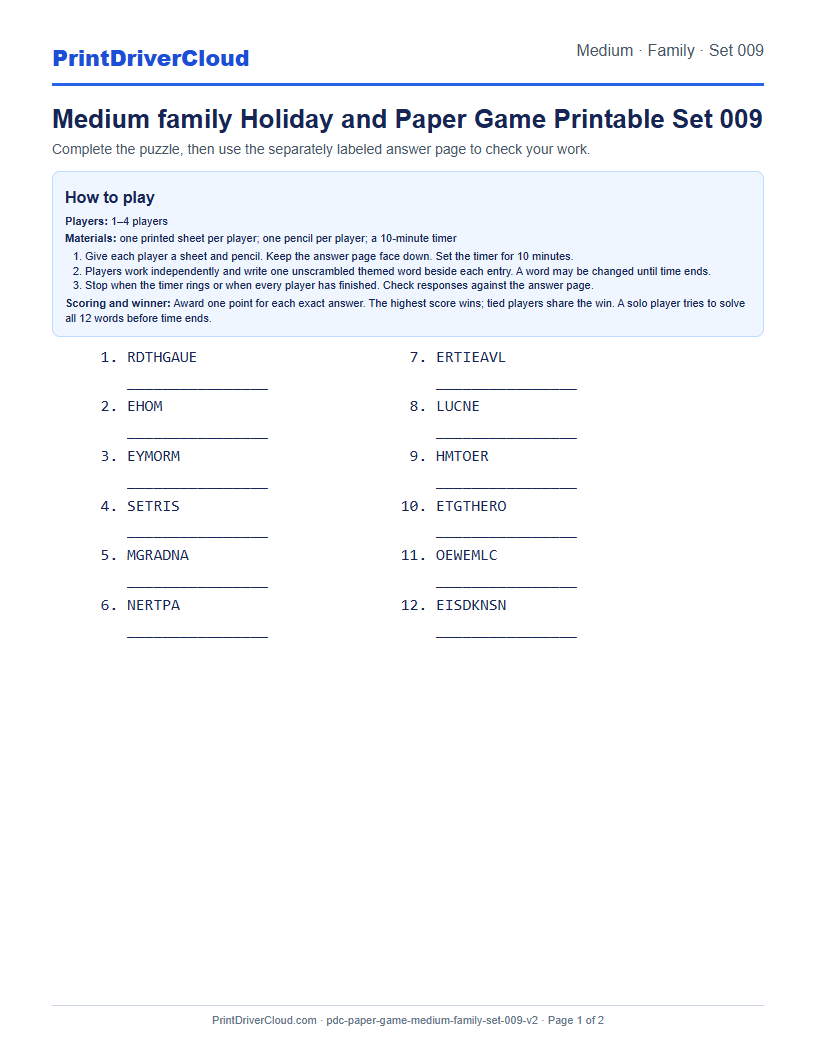 Medium Family Word Scramble Game Printable Set 009 preview