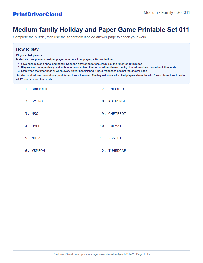 Medium Family Word Scramble Game Printable Set 011 preview