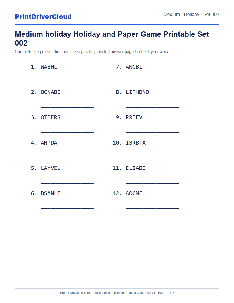 Preview of Medium holiday Holiday and Paper Game Printable Set 002
