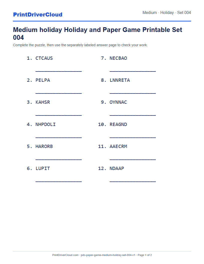 Preview of Medium holiday Holiday and Paper Game Printable Set 004