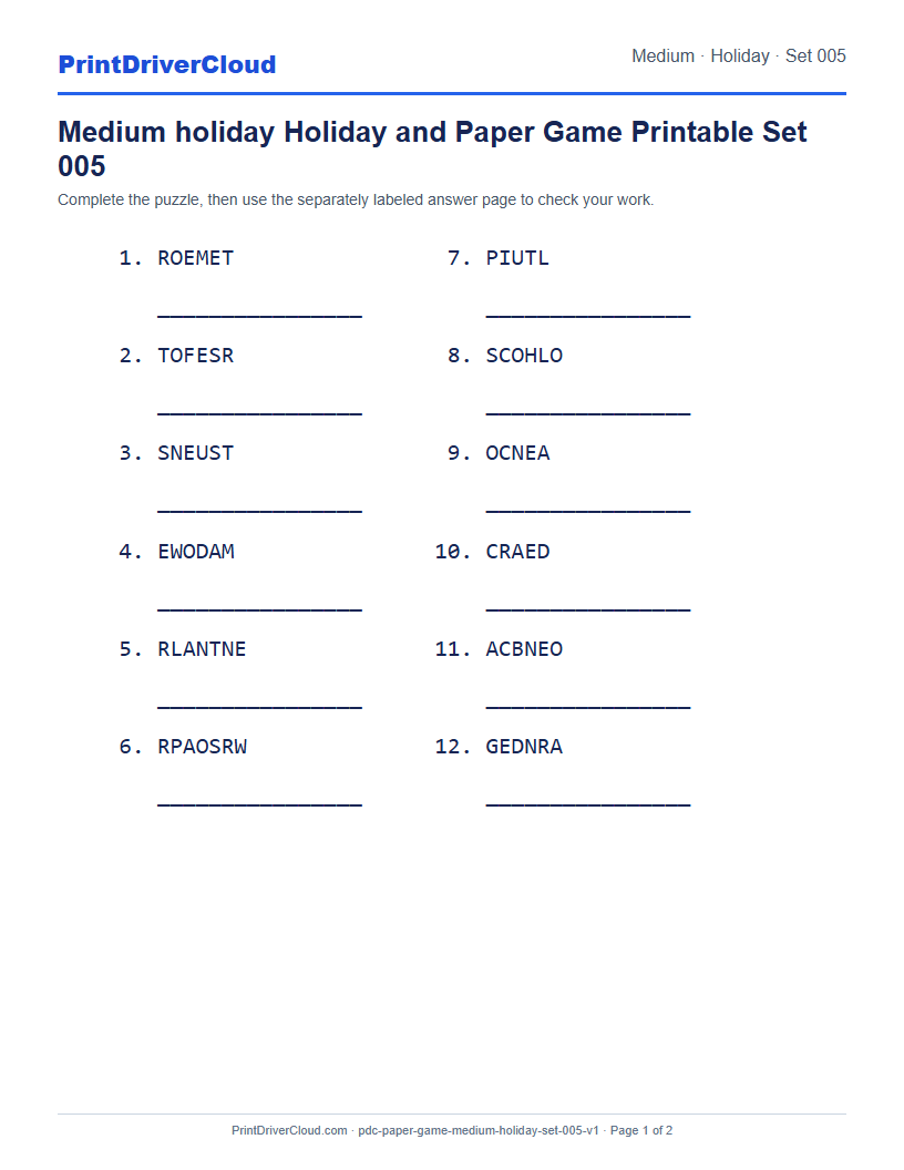Preview of Medium holiday Holiday and Paper Game Printable Set 005