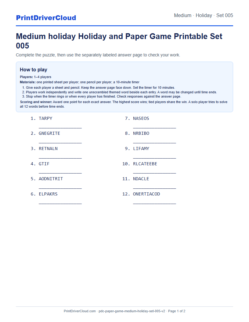 Medium Holiday Word Scramble Game Printable Set 005 preview