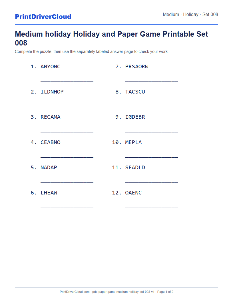 Preview of Medium holiday Holiday and Paper Game Printable Set 008