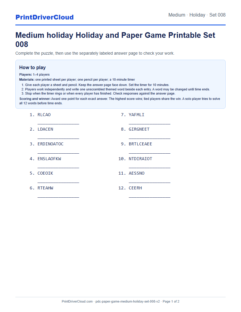 Medium Holiday Word Scramble Game Printable Set 008 preview