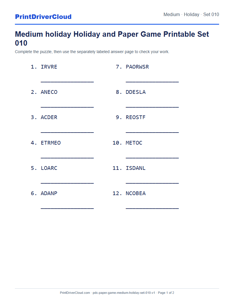 Preview of Medium holiday Holiday and Paper Game Printable Set 010