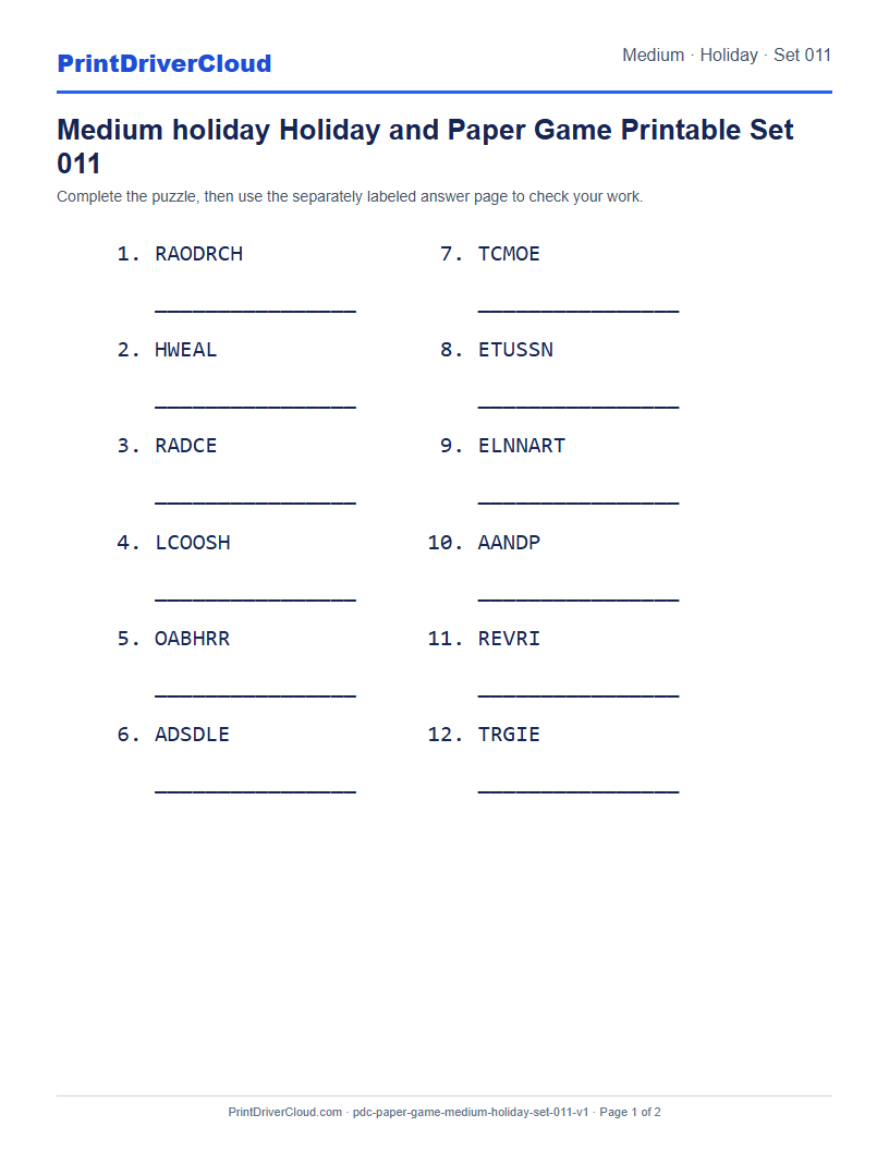 Preview of Medium holiday Holiday and Paper Game Printable Set 011