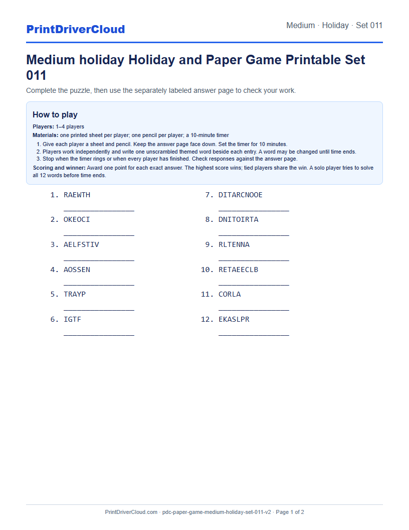 Medium Holiday Word Scramble Game Printable Set 011 preview