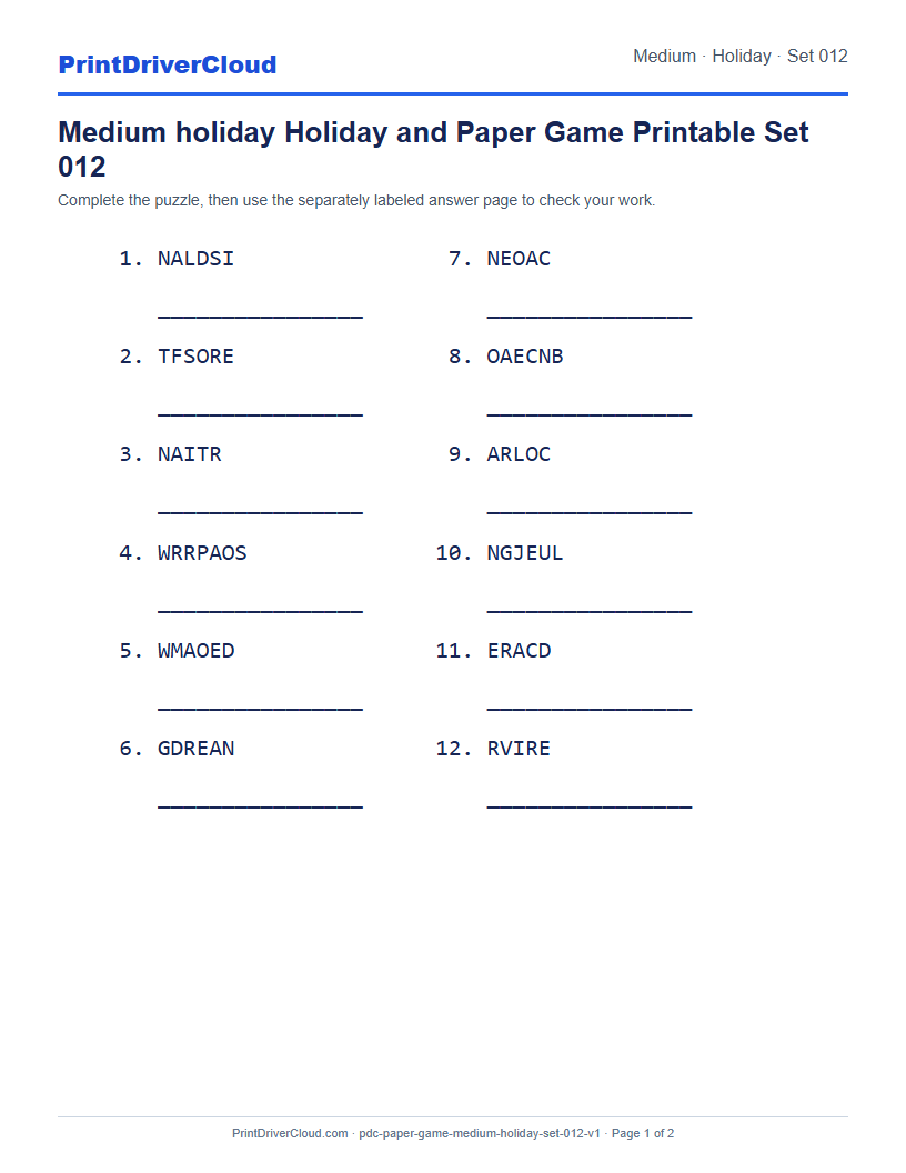 Preview of Medium holiday Holiday and Paper Game Printable Set 012