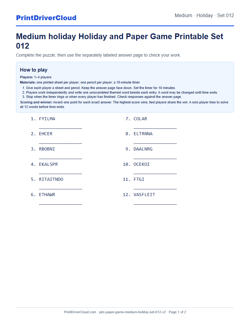 Medium Holiday Word Scramble Game Printable Set 012 preview