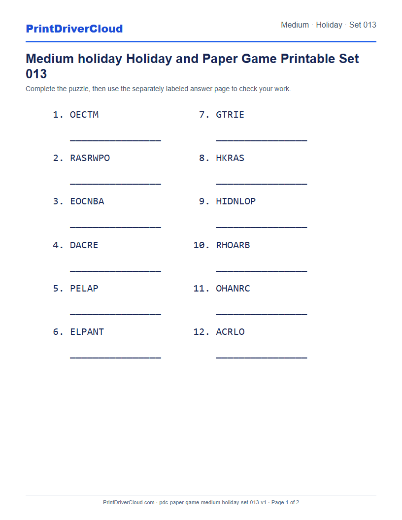 Preview of Medium holiday Holiday and Paper Game Printable Set 013