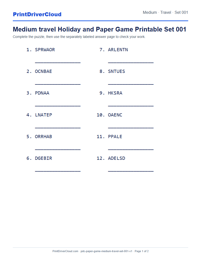 Preview of Medium travel Holiday and Paper Game Printable Set 001