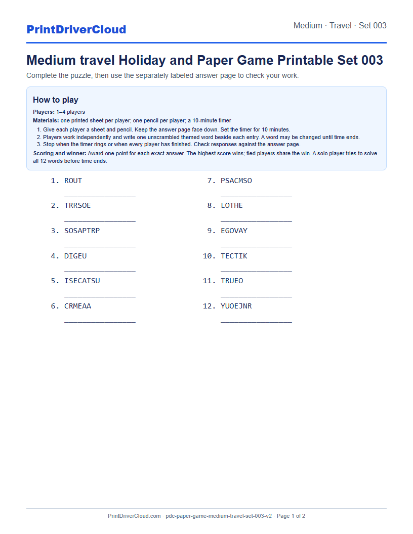 Medium Travel Word Scramble Game Printable Set 003 preview