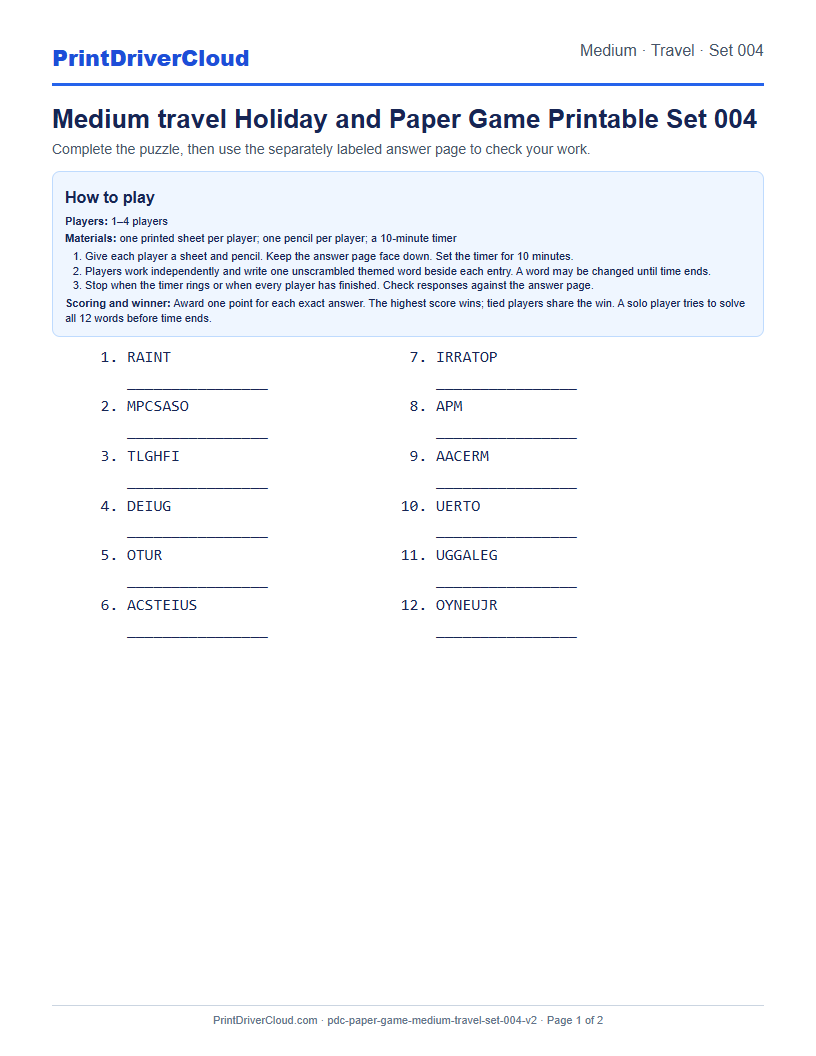 Medium Travel Word Scramble Game Printable Set 004 preview