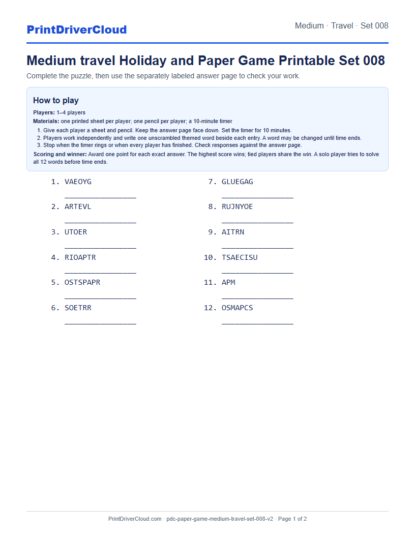 Medium Travel Word Scramble Game Printable Set 008 preview