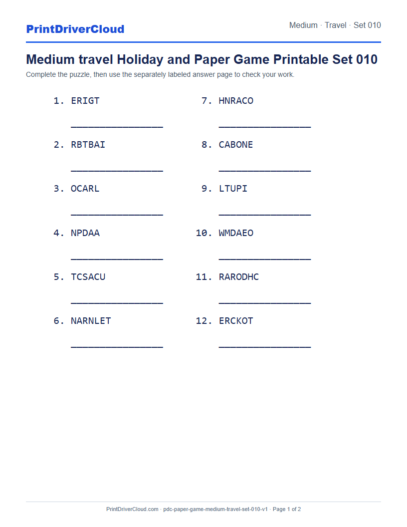 Preview of Medium travel Holiday and Paper Game Printable Set 010